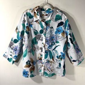 Chico's No Iron Linen Floral Shirt 3/4 Sleeve
